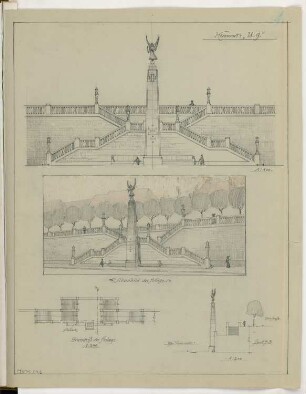 Ufertreppenanlage mit Denkmal Monatskonkurrenz Februar 1915: Grundriss, Querschnitt 1:200; Aufriss Längsansicht 1:100; perspektivische Ansicht