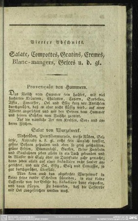 Vierter Abschnitt. Salate, Compottes, Gratins, Cremes, Blanc-mangers, Gelees u. d. gl.