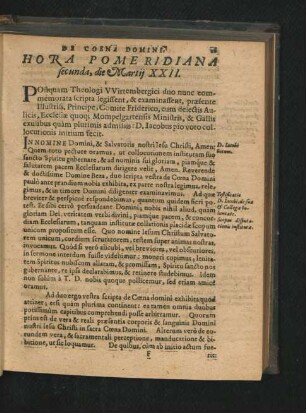 De Coena Domini, Hora Pomeridiana secunda, die Martii XXII.