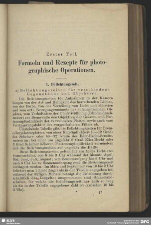 Erster Teil, Formeln und Rezepte für photographische Operationen