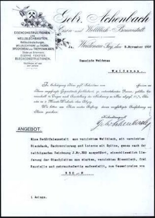 2 Firmenbriefköpfe Achenbach (Gebr.), Weidenau/Sieg, Eisenconstructionen u. Wellblechbauten ...