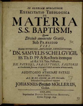 Exercitatio Theologica De Materia S. S. Baptismi