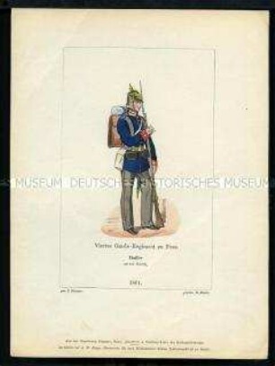 Uniformdarstellung, Füsilier des 4. Garde-Regiments zu Fuß, Preußen, 1861. Aus: Der Soldatenfreund.