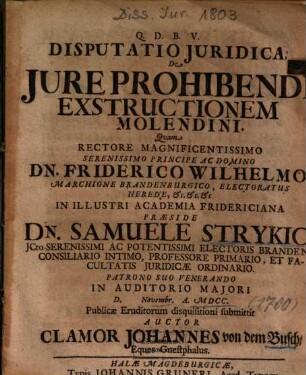 Disputatio Juridica, De Jure Prohibendi Exstructionem Molendini