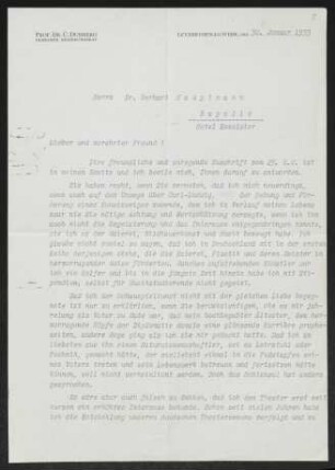 Brief von Carl Duisberg an Gerhart Hauptmann