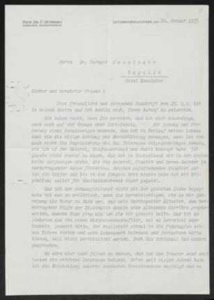 Brief von Carl Duisberg an Gerhart Hauptmann