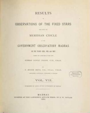 Results of observations of the fixed stars made with the meridian circle at the Government Observatory, Madras : in the years ... 7. 1880/82 (1894)