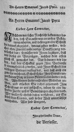 An Herrn Emanuel Jacob Pyra.