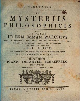 Dissertatio De Mysteriis Philosophicis