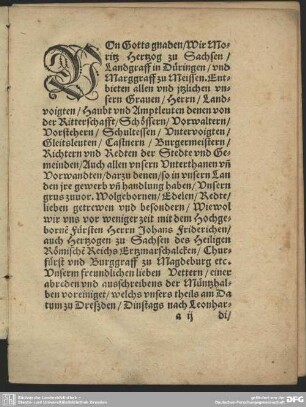 VOn Gottes gnaden / Wir Moritz Hertzog zu Sachsen /