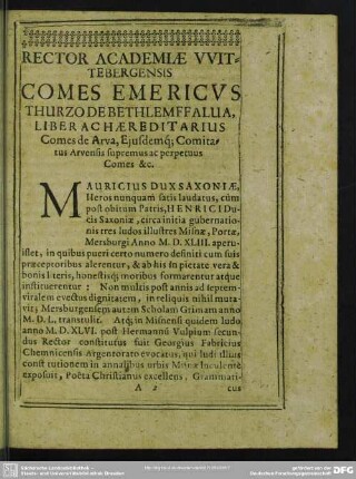 Rector Academiae Wittebergensis Comes Emericus