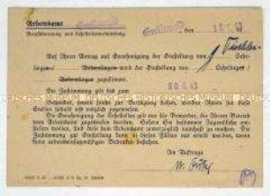 Vordruck-Postkarte mit der Genehmigung zur Einstellung eines Lehrlings - Personenkonvolut