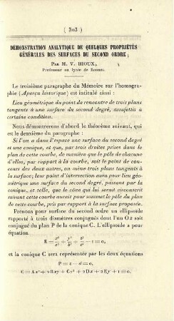 Démonstration analytique de quelques propriètés générales des surfaces du second ordre.