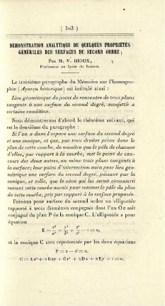 Démonstration analytique de quelques propriètés générales des surfaces du second ordre.