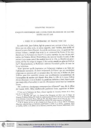 Chapitre premier - Enquête historique sur l'évolution religieuse de Calvin entre 1523 et 1539