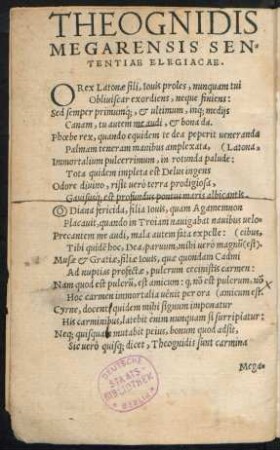Theognidis Megarensis Sententiae Elegiacae.