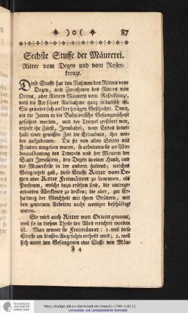 Sechste Stuffe der Maurerei. Ritter vom Degen und vim Rosenkreuze.