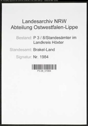 Sterberegister Standesamt Brakel-Land
