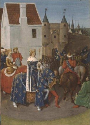 Grandes Chroniques de France — Einzug von König Johann II. dem Guten und der Königin Johanna von Boulogne in Paris nach ihrer Salbung in der Kirche zu Reims, Folio 389 verso
