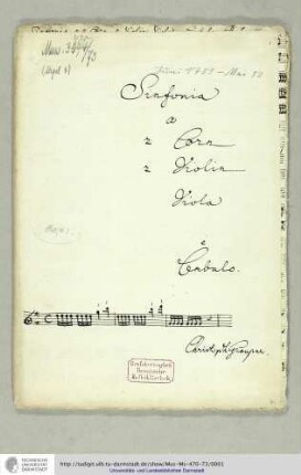 Sinfonia / a / 2 Corn / 2 Violin / Viola / e / Cembalo. / [Incipit] / Christoph Graupner.