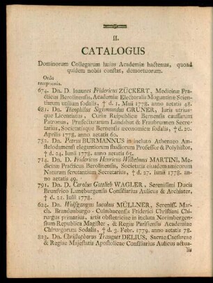 II. Catalogus Dominorum Collegarum huius Academiae, hactenus, quoad quidem nobis constat, demortuorum.