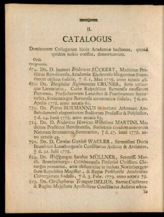 II. Catalogus Dominorum Collegarum huius Academiae, hactenus, quoad quidem nobis constat, demortuorum.