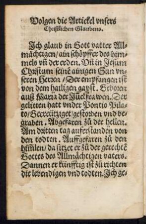 Volgen die Artickel unsers Christlichen Glaubens.
