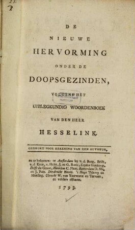 De nieuwe hervorming onder de doopsgezinden volgens het uitlegkundig woordenboek ...