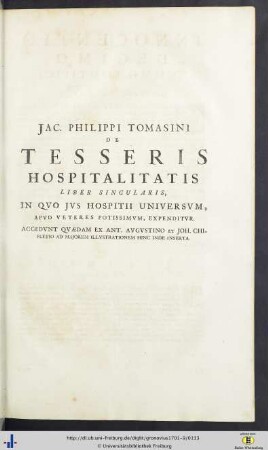Jacobus Philippus Tomasinus: De Tesseris Hospitalitatis, Liber Singularis …