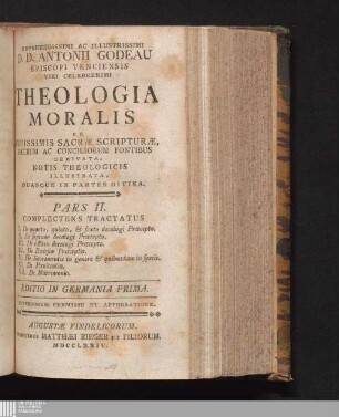 Pars II.: Complectens Tractatus I. De quarto, quinto, & sexto decalogi Præcepto II. De septimo decalogi Præcepto. III. De octavo decalogi Præcepto. IV. De Ecclesiæ Præceptis. V. De Sacramentis in genere & quibusdam in specie. VI.De Pœnitentia. VII. De Matrimonio
