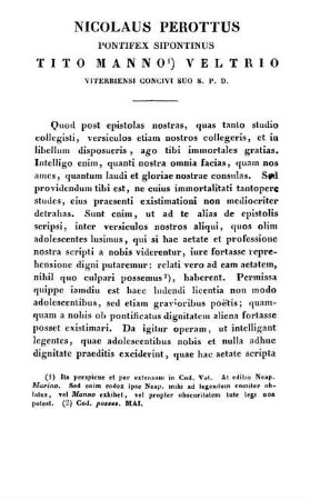 Nicolaus Perottus Pontifex Sipontinus Tito Manno Veltrio Viterbiensi Concivi Suo S. P. D.