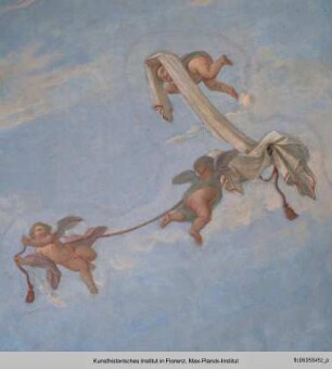 Freskendekoration mit Ruinenlandschaft und Statuen : Freskendekoration mit fliegenden Putten