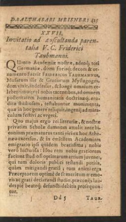 XXVII. Invitatio ad auscultanda parentalia V. C. Friderici Taubmanni.
