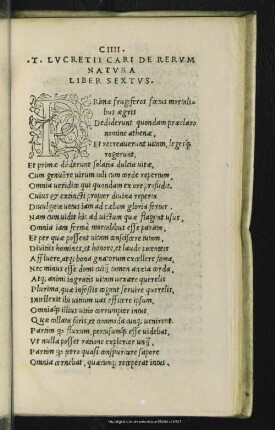 T. Lucretii Cari De Rerum Natura Liber Sextus