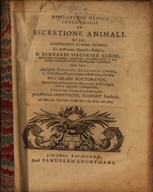 Diss. med. inaug. de secretione animali