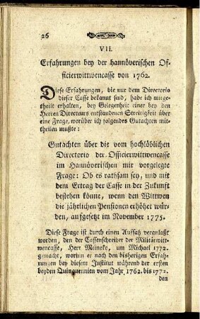 VII. Erfahrunegen bey der hannöverschen Officierwittwencasse von 1762.