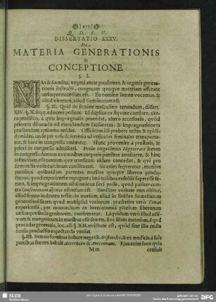 Dissertatio XXXV. De Materia Generationis & Conceptione