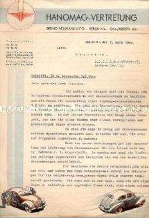 Geschäftsbrief der Firma Hanomag mit Werbung für den Kauf einen Neuwagens
