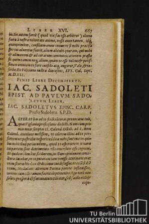 Iac. Sadoleti Epist. Ad. Paulum Sadoletum Liber. Iac Sadoletus Episc. Carp. Paulo Sadoleto S.P.D.