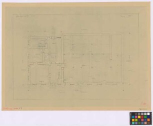 Icking (Landkreis Wolfratshausen): Bauernhaus, [Altes Haus Klostermayer]. Haupthaus (Grundriss des Erdgeschosses mit Balkenlage)
