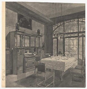 Abbildung der Zeichnung eines Innenraumes : Blick auf eine gedeckte Tafel, links davon ein Schrank, im Hintergrund zum Wintergarten geöffnete Tür