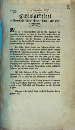 Circulardekret an sämmtliche Pfleg- Stadt- Land- und Hofmarksgerichte : Nr. 2143/322 ; Salzburg ... den 9. Februar 1809.
