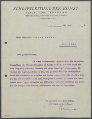 Brief von der F. Bruckmann AG, München an Georg Kolbe