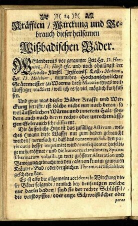 Kräfften / Würckung und Gebrauch dieser heilsamen Wißbadischen Bäder.
