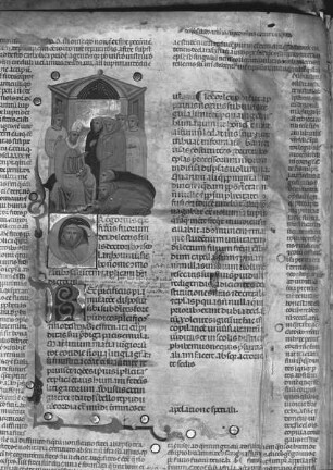 Gregorii IX Decretales, cum glossa Bernardi Parmensis / Dekretalen Georg IX. mit Glossen des Bernhard Parma — Gregorii IX Decretales, cum glossa Bernardi Parmensis / Dekretalen Georg IX. mit Glossen des Bernhard Parma, Folio fol. 1 vPapst Gregorius IX. und Gruppe von Klerikern, Folio fol. 1 v