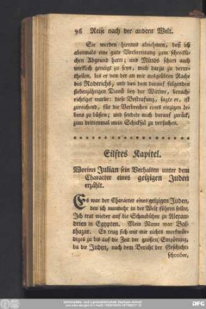 Eilftes Kapitel. Worinn Julian sein Verhalten unter dem Character eines geizigen Juden erzählt.