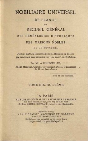 Nobiliaire universel de France, ou recueil général des généalogies historiques des maisons nobles de ce royaume, 18