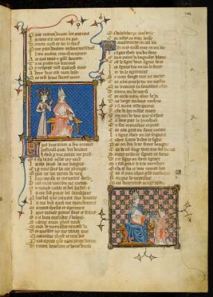 a) Im Beisein von Gottes Gnade (Grace Dieu) segnet ein Bischof einen Gläubigen. b) Der Bischof übergibt einem Geistlichen drei Salbgefäße.