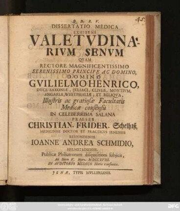 Dissertatio Medica Exhibens Valetudinarium Senum