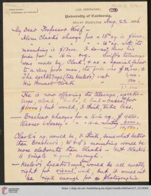 Brief von Edward Singleton Holden an Max Wolf: Brief von Edward Singleton Holden von Lick Observatory an Max Wolf